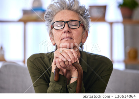 Senior woman, thinking and hands on walking stick for disability, support and old age in retirement. Healthcare, memories and elderly lady with wood cane for arthritis, osteoporosis and medical help 130614064