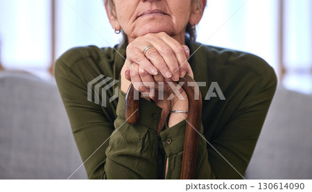Senior woman, health and hands on walking stick for disability, support and old age in retirement. Healthcare, thinking and elderly lady with wooden cane for arthritis, osteoporosis and help to walk Senior woman, health and hands on walking stick for disability, support and old age in retirement. Healthcare, thinking and elderly lady with wooden cane for arthritis, osteoporosis and help to walk 130614090