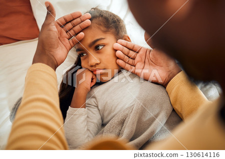Sick, girl and father checking high temperature with hands on ill kid or daughter lying on a bed feeling sad. Concern, care and parent in bedroom with worried child with flu, cold or fever 130614116