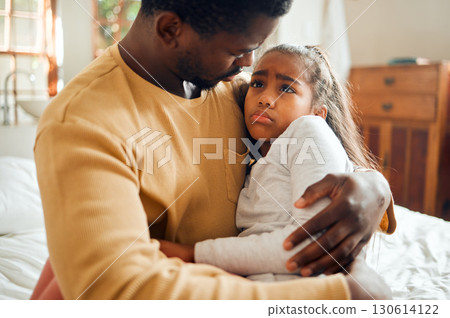 Sick, sad and father holding his child with an illness, pain or problem in her bedroom at their home. Ill, care and African dad holding his girl kid with concern while she has the flu, cold or fever. Sick, sad and father holding his child with an illness, pain or problem in her bedroom at their home. Ill, care and African dad holding his girl kid with concern while she has the flu, cold or fever. 130614122