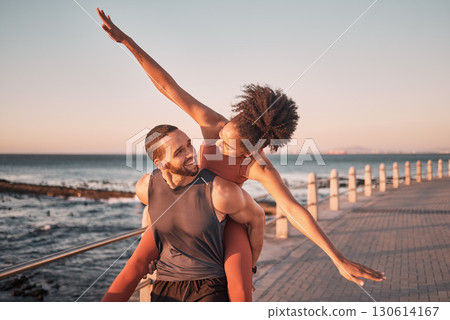 Beach, happy and couple piggyback in summer enjoying holiday, vacation and quality time on weekend. Love, dating and black man and woman relax after running, fitness workout and training by ocean Beach, happy and couple piggyback in summer enjoying holiday, vacation and quality time on weekend. Love, dating and black man and woman relax after running, fitness workout and training by ocean 130614167