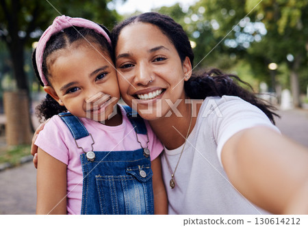 Child, mother and selfie portrait of a mom and girl in a park with a happy smile outdoor. Happiness, family and mama love with parent care for kid on vacation together of a woman and young person 130614212