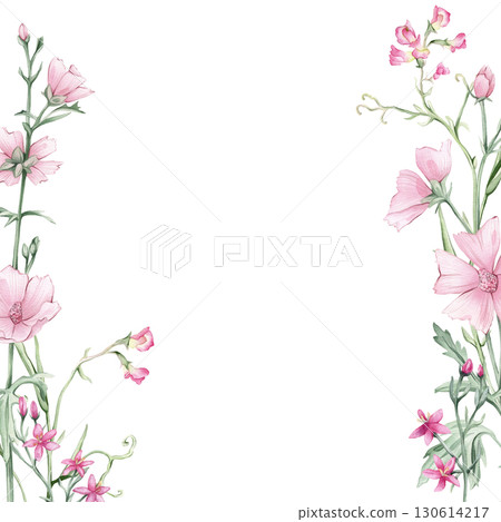 Square border or frame with pink wildflowers. Hand drawn watercolor illustration on isolated background. Summer floral pattern for frame or banner with Marshmallow flowers and Mouse Pea Flowers. Square border or frame with pink wildflowers. Hand drawn watercolor illustration on isolated background. Summer floral pattern for frame or banner with Marshmallow flowers and Mouse Pea Flowers. 130614217