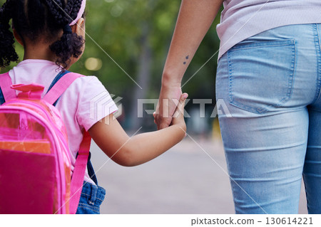 Holding hands, mother and child walking to school, help and care with support outdoor, education for knowledge and growth. Development in childhood, backpack and family, woman with girl and back view Holding hands, mother and child walking to school, help and care with support outdoor, education for knowledge and growth. Development in childhood, backpack and family, woman with girl and back view 130614221
