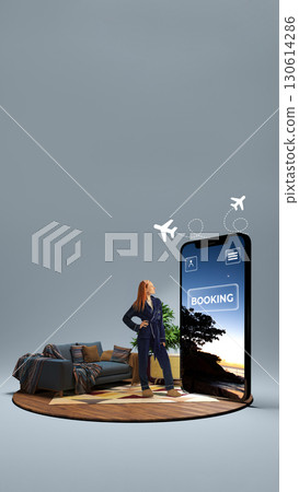 Woman standing with smartphone showing booking app and airplane icons. 3D island composition Woman standing with smartphone showing booking app and airplane icons. 3D island composition 130614286