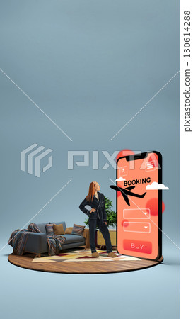 Woman looking at large smartphone screen with airplane icon and booking app interface. 3D island composition 130614288