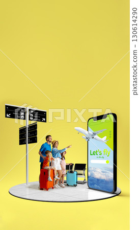 Family with suitcases looking at smartphone screen with airplane emerging. 3D island composition 130614290