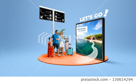 Family with luggage looking at smartphone screen showing tropical beach with path marker. 3D island composition 130614294