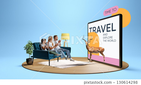 Family applauding travel experience on giant screen with antelope safari design. 3D island composition Family applauding travel experience on giant screen with antelope safari design. 3D island composition 130614298