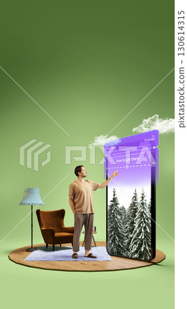 Man choosing winter travel destination on digital phone interface. 3D island composition Man choosing winter travel destination on digital phone interface. 3D island composition 130614315