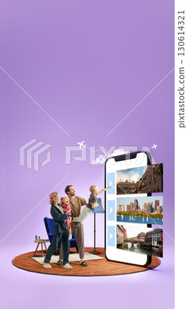 Family in pajamas exploring destinations on smartphone with excitement. 3D island composition 130614321