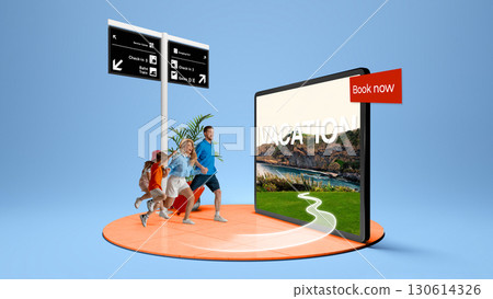 Happy family running toward vacation booking through digital platform. 3D island composition Happy family running toward vacation booking through digital platform. 3D island composition 130614326
