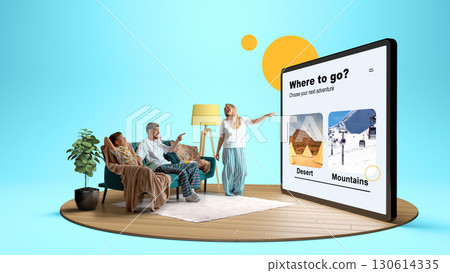 Family choosing next adventure destination on digital travel platform at home. 3D island composition Family choosing next adventure destination on digital travel platform at home. 3D island composition 130614335