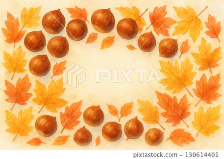 栗子和落葉的秋天框架（帶有複製空間） 130614401