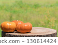 Orange raw pumpkins. Autumn pumpkin thanksgiving background, Mini pumpkins on wooden tree stump table top with green natural background. Copy space. 130614424