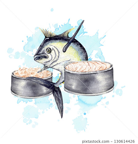 Tuna fish with canned slices watercolor seafood illustration isolated 130614426