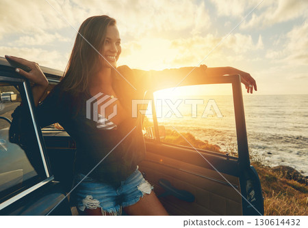 Road trip, car and sunset woman by ocean for travel, journey or happy summer vacation in nature. Retro, vintage and gen z driver, person or youth by sea, river or lake for outdoor adventure and smile Road trip, car and sunset woman by ocean for travel, journey or happy summer vacation in nature. Retro, vintage and gen z driver, person or youth by sea, river or lake for outdoor adventure and smile 130614432