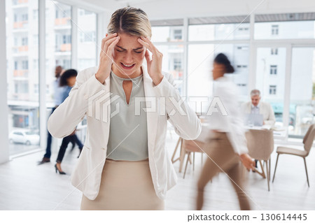 Motion blur, business woman in office and headache, pain and anxiety with fast pace corporate life, stress and burnout. Mental health, migraine and frustrated with movement, speed and overwhelmed Motion blur, business woman in office and headache, pain and anxiety with fast pace corporate life, stress and burnout. Mental health, migraine and frustrated with movement, speed and overwhelmed 130614445