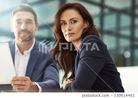 Tablet, meeting and portrait of business people in office workplace. Face, collaboration and woman, man or employees with touchscreen technology for planning sales strategy or researching information 130614461