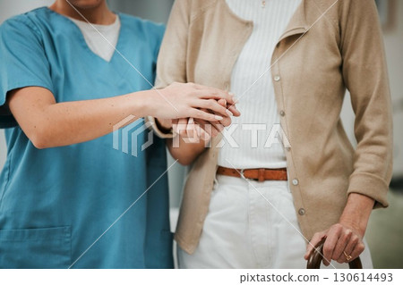 Walking stick, senior woman and nurse holding hands for disability support, help or retirement nursing service. Elderly patient or disabled person with caregiver for Parkinson, arthritis or mobility Walking stick, senior woman and nurse holding hands for disability support, help or retirement nursing service. Elderly patient or disabled person with caregiver for Parkinson, arthritis or mobility 130614493