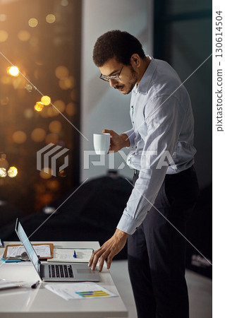 Laptop, night coffee and businessman reading feedback review of financial portfolio, stock market or investment. Online economy research, bokeh and crypto trader trading nft, forex or bitcoin mining 130614504