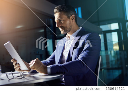 Thinking, tablet and working business man planning with web finance trading analytics. Office, accounting investment employee and boss typing a tech strategy report for a stock market company Thinking, tablet and working business man planning with web finance trading analytics. Office, accounting investment employee and boss typing a tech strategy report for a stock market company 130614521