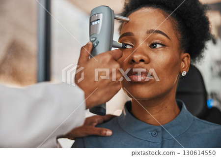 Hands, eye exam or black woman consulting doctor for eyesight at optometrist for assessment. Face of African customer testing vision with tonometer by an optician testing iris or retina visual health 130614550