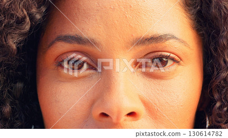 Closeup, portrait and eyes of woman with skincare, beauty and natural cosmetics for acne, texture or wellness. African, skin and face of confident model with healthy glow, vision or makeup Closeup, portrait and eyes of woman with skincare, beauty and natural cosmetics for acne, texture or wellness. African, skin and face of confident model with healthy glow, vision or makeup 130614782