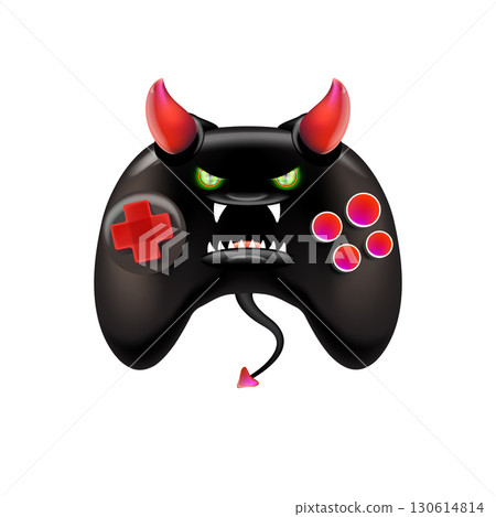 Black evil monster gamepad vector illustration, funny demon character with red horns and glowing eyes, creative design for gaming, apps, websites, stickers, labels, kids merchandise, playful horror 130614814