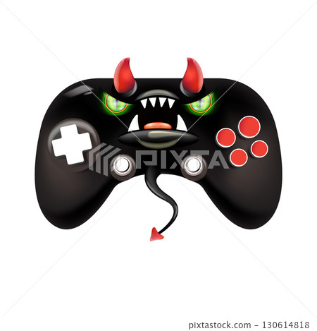 Black evil monster gamepad vector illustration, funny demon character with red horns and glowing eyes, creative design for gaming, apps, websites, stickers, labels, kids merchandise, playful horror 130614818