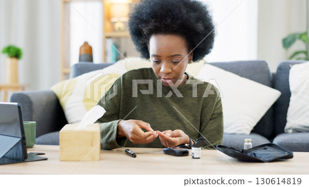 Woman, blood test and check sugar in home for diabetes, health analysis or medical glucometer results. African person, healthcare and measure glucose for diabetic medicine, insulin risk and wellness 130614819