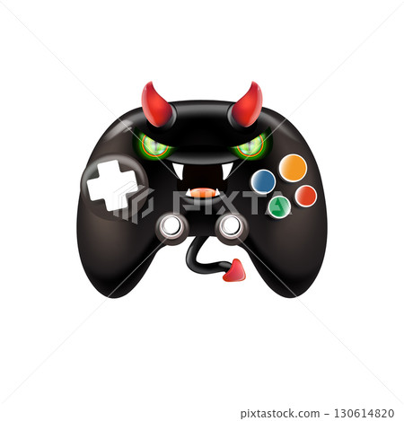 Black evil monster gamepad vector illustration, funny demon character with red horns and glowing eyes, creative design for gaming, apps, websites, stickers, labels, kids merchandise, playful horror Black evil monster gamepad vector illustration, funny demon character with red horns and glowing eyes, creative design for gaming, apps, websites, stickers, labels, kids merchandise, playful horror 130614820