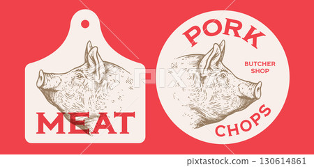 Pork, pig head, meat label. Template Meat Tag Label. Vintage retro print, tag, label with pig sketch ink pencil style drawing. Butchery pork pig head meat shop, text, typography. Vector Illustration 130614861
