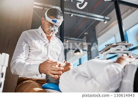 Eye exam, optometrist flashlight and man doctor with senior woman patient for eyes test. Wellness, healthcare and hospital consultation of a medical professional checking vision for retina care 130614943