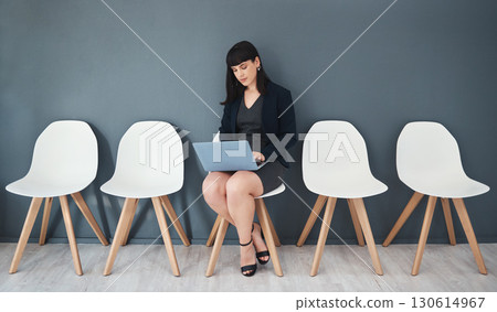 Laptop, recruitment and business woman in waiting room for interview with human resources. Hr hiring, job opportunity and female employee with computer for email in company office for employment. Laptop, recruitment and business woman in waiting room for interview with human resources. Hr hiring, job opportunity and female employee with computer for email in company office for employment. 130614967