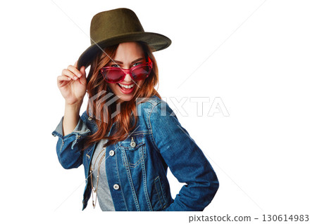 Happy woman, portrait or fashion denim jacket with sunglasses or hat on isolated white background or mockup. Smile, gen z and model with cool, trendy style or brand clothes ideas on mock up backdrop 130614983