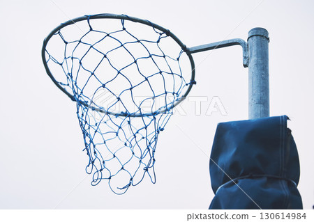 Sports, basketball and netball hoop for training, fitness and a game at school or in public. Rim, play and equipment for a sport in the air for playing, competition and professional match in a park 130614984