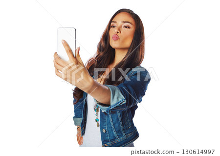 Woman, fashion or kiss for phone selfie on isolated white background for social media, profile picture or video call. Model, influencer or mobile photography technology for gen z blogging on mock up 130614997