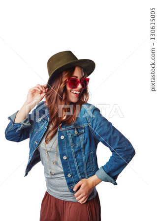 Fashion, style and woman in a studio with a casual, stylish and funky outfit with accessories. Happiness, smile and female model with hat, sunglasses and edgy clothes isolated by a white background. 130615005