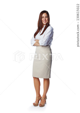 Isolated, business and portrait of woman with mockup in white background studio for management, leader and fashion. Happy, smile and confident with New York girl and arms crossed for career mindset 130615022