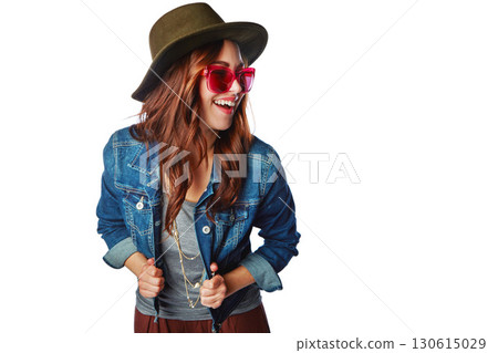 Gen z, fashion and sunglasses girl happy in trendy style with excited smile for marketing. Happiness, youth and young fashionista model isolated on white background for advertising mockup. 130615029
