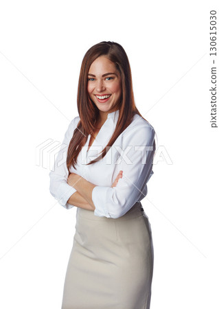 Happy woman, smile and standing isolated on a white background in leadership, management or CEO. Portrait of confident business female, person or lady smiling in happiness for profile, career or job 130615030