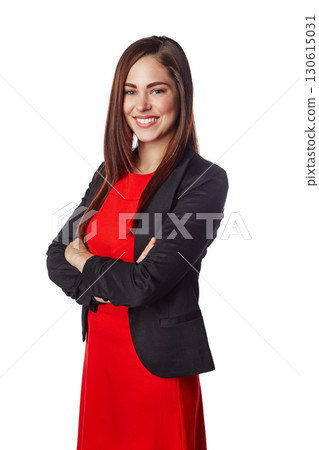Isolated, business and portrait of woman with arms crossed in white background studio for management, leadership and fashion. Happy, smile and confident with girl standing alone for cute and formal 130615031