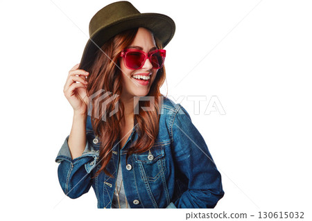 Excited, youth and trendy fashion model with gen z style and funky sunglasses with happy smile. Happiness, cool and young fashionista girl with shades on isolated studio white background. 130615032