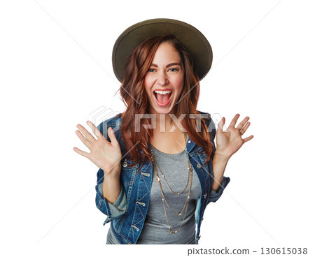 Surprised woman, portrait or fashion hat on isolated white background in trendy, cool or brand style marketing. Smile, happy or excited gen z model and wow facial expression for clothing sales mockup Surprised woman, portrait or fashion hat on isolated white background in trendy, cool or brand style marketing. Smile, happy or excited gen z model and wow facial expression for clothing sales mockup 130615038