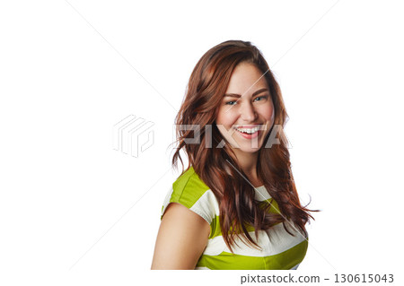 Woman, hair and happy with beauty portrait, smile in hair care mockup and fashion isolated on white background. Keratin, balayage and hair style, natural cosmetics with face and skin with happiness 130615043
