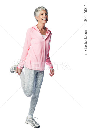 Senior woman, fitness and stretching while happy about health and wellness in studio. Body of elderly female isolated on a white background for leg rehabilitation exercise, motivation and energy 130615064