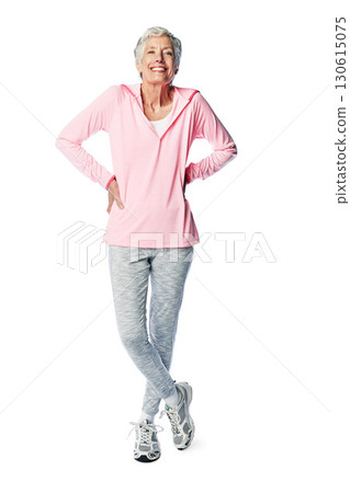 Happy senior woman, fitness and wellness portrait in studio with a healthy retirement lifestyle. Body of a elderly female isolated on a white background for exercise, health and energy motivation Happy senior woman, fitness and wellness portrait in studio with a healthy retirement lifestyle. Body of a elderly female isolated on a white background for exercise, health and energy motivation 130615075