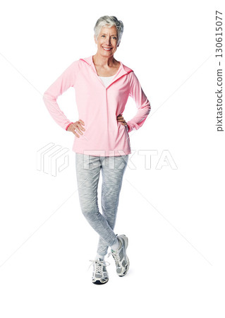 Portrait, training and a senior woman in studio isolated full body on a white background for marketing. Exercise, health and active seniors with a mature female posing to promote wellness or fitness 130615077