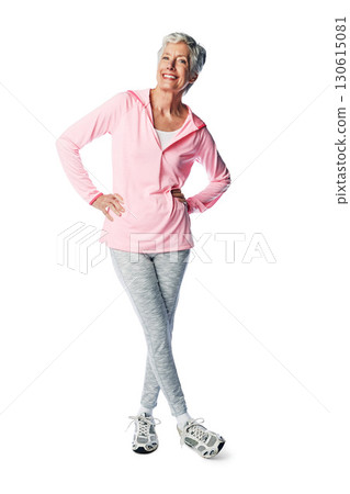 Portrait, exercise and a senior woman in studio isolated full body on a white background for lifestyle. Fitness, health and active seniors with a mature female posing to promote wellness or training Portrait, exercise and a senior woman in studio isolated full body on a white background for lifestyle. Fitness, health and active seniors with a mature female posing to promote wellness or training 130615081